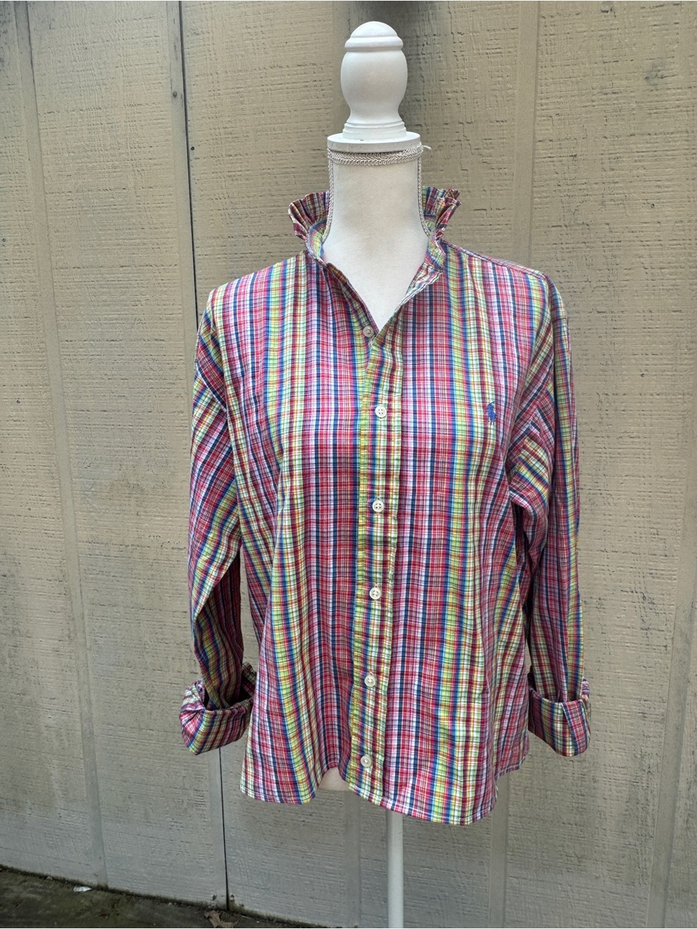 Ralph Lauren Plaid Refashioned Ruffle Neck Cropped Boxy Button-Down Shirt